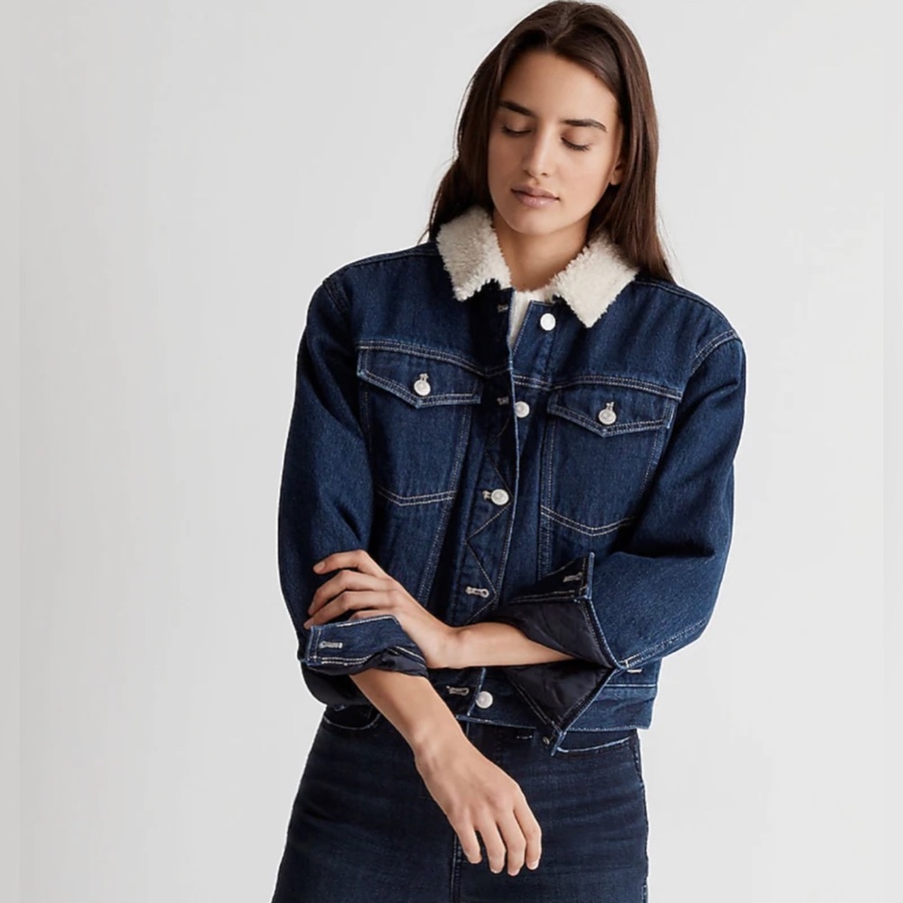 MADEWELL Blue Oversized Trucker Jean Denim Jacket Sherpa Lined Cropped XL NWT - Picture 5 of 15